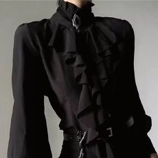 批发四面弹】法式乐盛兴复古宫廷风衬衫<b class='q'>男</b>女性中式收腰荷叶边垂感衬衣