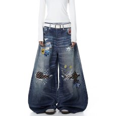 批发美式做旧3D打印破洞补丁弯刀牛仔裤男女设计感<b class='q'>阔腿裤</b>潮
