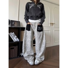 批发美式复古豹纹贴布口袋牛仔<b class='q'>裤</b>男女<b class='q'>宽松</b>街头阔腿弯刀休闲长<b class='q'>裤</b>