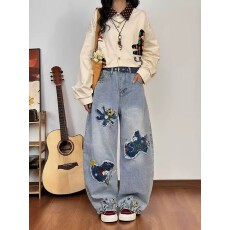 批发美式复古vintage花卉刺绣弯刀牛仔<b class='q'>裤</b>子男女显瘦百搭<b class='q'>宽松</b>阔腿长<b class='q'>裤</b>