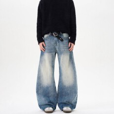 批发2026新款复古水洗做旧竹节弯刀牛仔<b class='q'>裤</b>男女美式<b class='q'>宽松</b>直筒百搭<b class='q'>裤</b>子