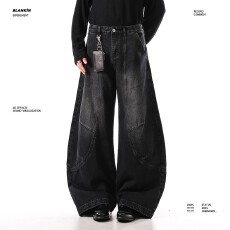 批发新款美式复古褶皱水洗弯刀牛仔<b class='q'>裤</b>男女潮牌<b class='q'>宽松</b>解构百搭阔腿长<b class='q'>裤</b>潮