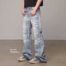 批发美式复古vibe字母涂鸦印花牛仔<b class='q'>裤</b>微喇男女<b class='q'>宽松</b>直筒小众街头<b class='q'>裤</b>子
