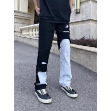 批发美式高街黑白拼接撞色牛仔<b class='q'>裤</b>男女新款显瘦破洞<b class='q'>宽松</b>直筒长<b class='q'>裤</b>子
