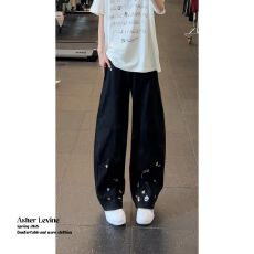 批发卡通<b class='q'>绣花</b>牛仔】简约使命者复古休闲裤女春夏2026新款显瘦弯刀裤子