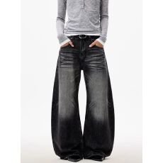 批发美式复古痞帅做旧弯刀<b class='q'>牛仔裤</b>男女春夏宽松休闲vintage阔腿长裤