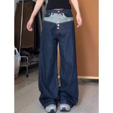 批发美式复古拼接红边排扣<b class='q'>牛仔裤</b>男女春夏高街设计感宽松直筒休闲长裤