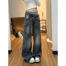 批发复古水洗不对称双腰微喇<b class='q'>牛仔裤</b>裤子<b class='q'>女</b>款2026春季新款<b class='q'>直筒</b>拖地长裤