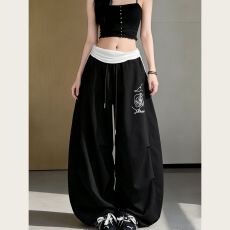 批发【原版纯棉】街头风美式拼色腰头玫瑰印花休闲阔腿长<b class='q'>裤</b>潮牌女春夏