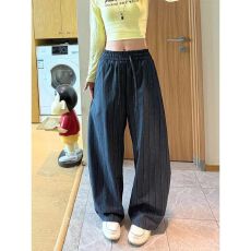 批发高腰陨石定律显瘦设计感竖条纹<b class='q'>阔腿裤</b>女春秋时尚显瘦长款拖地西<b class='q'>裤</b>