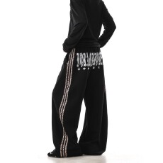 批发美式复古豹纹三条杠运动卫<b class='q'>裤</b>男女宽松垂感休闲阔腿弯刀<b class='q'>裤</b>