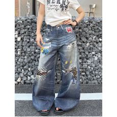 批发【3D数码印花】美式街头破洞蓝色弯刀牛仔<b class='q'>裤</b>女宽松打印补丁阔腿<b class='q'>裤</b>
