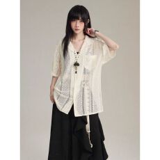 批发衬衫】性感极 致百搭镂空衬衣女春<b class='q'>夏</b>宽松休闲气质短袖百搭上衣潮
