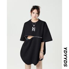 批发印花垫肩拉链金属拼接】夏季揭潮坊短<b class='q'>袖</b>女T恤拉链宽松五分<b class='q'>袖</b><b class='q'>上衣</b>