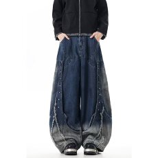 批发帅气侧边<b class='q'>钉珠</b>设计做旧休闲<b class='q'>牛仔裤</b>女秋新款高腰宽松显瘦百搭阔腿裤