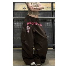 批发豹纹十字架印花褶皱伞兵工装裤多口袋弯刀阔腿<b class='q'>裤</b>