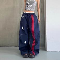 批发星星印花阔腿裤<b class='q'>女</b>侧边条纹抽绳束脚ins潮酷工装裤