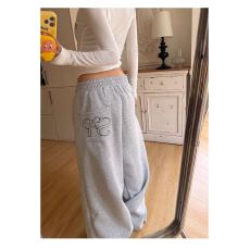 批发纯棉华棉复#美式字母刺绣叠褶休闲裤<b class='q'>女</b>宽松垂感爵士阔腿束脚卫裤