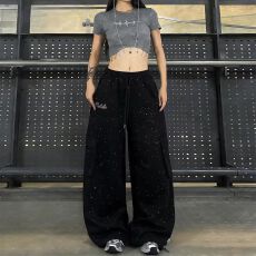 批发满天星阔腿裤】女新视觉2026新款宽松休闲裤子重工烫钻设计感长裤