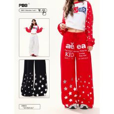 批发【纯棉华棉复合字母刺绣星星印花】卫裤女春高腰休闲弯刀阔腿裤