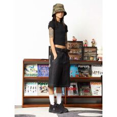 批发刺绣加印花五分短裤】<b class='q'>牛仔裤</b><b class='q'>女</b>新塘佐依高腰水洗阔腿六分裤中裤夏