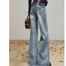 批发弹力<b class='q'>微喇</b>长裤】<b class='q'>牛仔裤</b>女新塘佐依2026夏季高腰宽松港风直筒阔腿裤