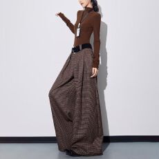 批发【格子棉布】<b class='q'>女装</b>夏季宽松阔腿裤休闲裤遮肉裙裤高腰垂感长裤子