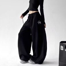 批发纯棉复合原版做法】宽松阔腿休闲裤女春秋卫裤bf小众设计感裤子潮