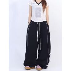 批发纯棉复合原版做法】休闲抽绳卫裤阔腿长裤女春秋印花百搭运动长裤