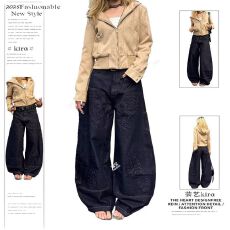 批发脚印牛仔裤】水洗衣创做旧裤子男女直筒宽松痞帅阔腿拖地弯刀裤子