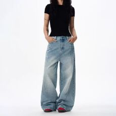 批发星空纹牛仔裤】2026春衣创水洗做旧拼接裤子男女宽松直筒阔腿长裤