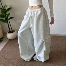 批发纯棉复合380】<b class='q'>运动裤</b>女春显瘦宽松高腰松紧美式直筒休闲阔腿卫裤