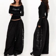 批发纯棉复合亮片+烫钻】宽松卫裤<b class='q'>运动裤</b>女高腰阔腿直筒裤休闲拖地裤