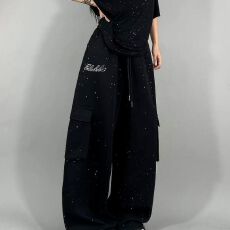 批发【原版做法】<b class='q'>运动裤</b>女卫裤满天星春夏裤子宽松慵懒风弯刀休闲长裤