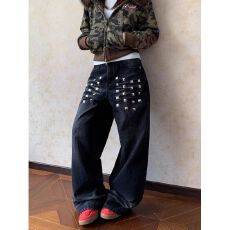 批发美式设计感拼接牛仔裤男女春季潮流复古小众重工柳丁做旧直筒裤子