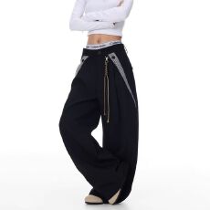 批发美式小众高级感黑色弯刀西裤男女cleanfit垂感阔腿<b class='q'>休闲裤</b>