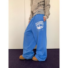 批发美式复古字母印花垂感阔腿卫裤男女宽松休闲百搭拖地长裤