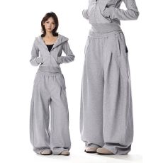 批发美棉斜纹+立体裤头】褶皱弯刀卫裤女春夏宽松休闲显瘦直筒运动裤