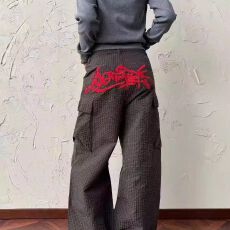 批发桃心腾艺老钱风格纹拼接弯刀<b class='q'>休闲裤</b>女男春秋夏高级感宽松阔腿长裤