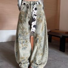 批发美式vibe水洗豹纹毛绒拼接牛仔裤女街头直筒宽松显瘦阔腿拖地长裤