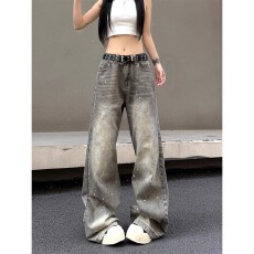 批发2026美式复古水洗做旧泼墨牛仔裤男女潮牌cleanfit宽松直筒长裤子