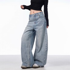 批发新款春秋美式复古水洗做旧阔腿牛仔裤男女宽松阔腿垂感弯刀休闲裤