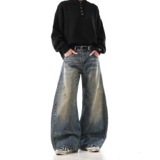 批发美式高街水洗复古做旧弯刀<b class='q'>牛仔裤</b>男女潮牌阔腿<b class='q'>直筒</b>情侣拖地裤