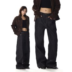 批发美式复古黑色原色<b class='q'>直筒</b><b class='q'>牛仔裤</b>女街头休闲百搭宽松拖地垂感阔腿裤子