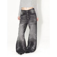 批发美式复古可拉链五联扣<b class='q'>牛仔裤</b>男女潮牌水洗猫须宽松<b class='q'>直筒</b>裤子