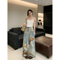 批发韩版高腰美式复古阔腿牛仔裤卡通小熊设计小众宽松休闲春季长裤
