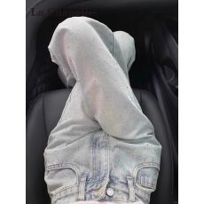 批发美式复古蓝色阔腿牛仔裤女春夏季高腰显瘦烫钻设计感宽松直筒裤子