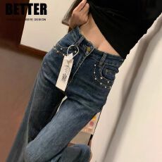 批发满天星带烫钻微喇牛仔裤女2026春季新款高腰修身显瘦小个子喇叭裤