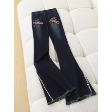 批发复古毛边开叉微喇牛仔裤女2026春夏新款高腰修身显瘦设计感喇叭裤