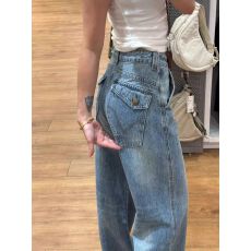 批发韩系独特设计感牛仔裤女春季2026年美式阔腿裤小个子工装直筒长裤